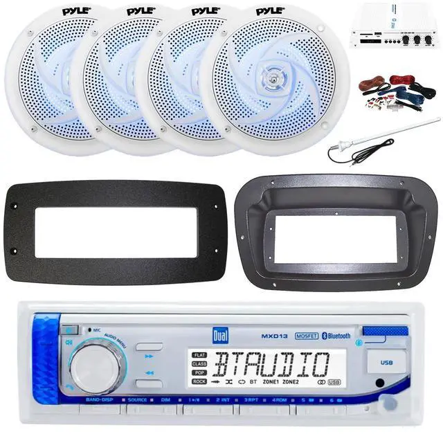 Main image of Dual MXD13 Single DIN Bluetooth Marine MP3 AM/FM Stereo Receiver, Spa bezel, Adapter Plate, 22" Radio Antenna, Wire, 4x 6'' 240 Watt Max 2-Way Boat Audio Speakers (White)