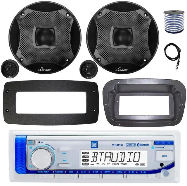Main image of Dual MXD13 Single DIN Bluetooth Marine MP3 AM/FM Stereo Receiver, Spa bezel, Adapter Plate, 22" Radio Antenna, Wire, 2x 6.5" 400W Max 2-Way Water Resistant Audio Speakers (Silver)