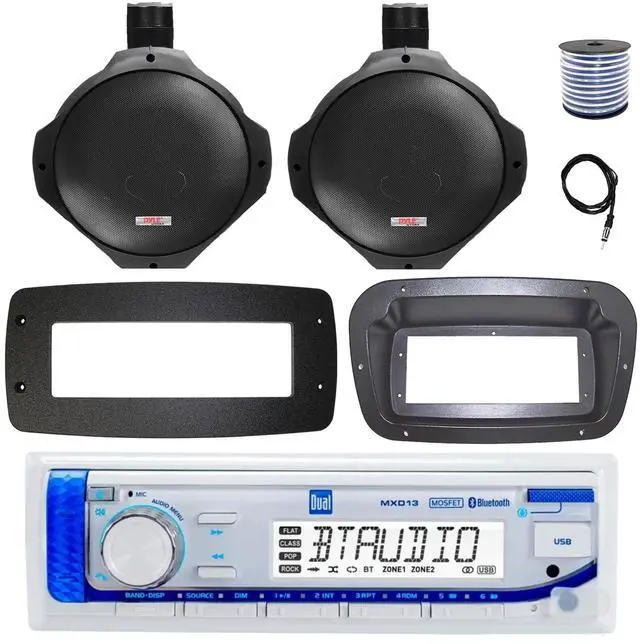 Main image of Dual MXD13 Single DIN Bluetooth Marine MP3 AM/FM Stereo Receiver, Spa bezel, Adapter Plate, Radio Antenna, Wire, 2x 6.5" 600 Watt Max 2-Way Full Range Waterproof Wireless RF Streaming Speakers (Black)