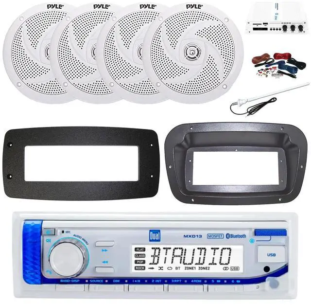 Main image of Dual MXD13 Single DIN Bluetooth Marine MP3 AM/FM Stereo Receiver, Spa bezel, Adapter Plate, 22" Radio Antenna, Wire, 4x 8'' 320 Watt Max 2-Way Blue Flashing LED Boat Audio Speakers (White)