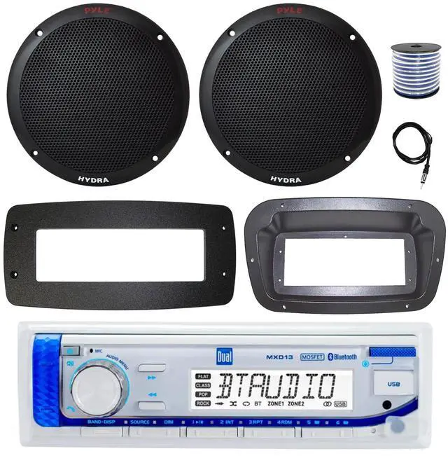 Main image of Dual MXD13 Single DIN Bluetooth Marine MP3 AM/FM Stereo Receiver, Spa bezel, Adapter Plate, 22" Radio Antenna, Wire, 2x 6.5" 150 Watt Max Full Range Dual Cone Waterproof Stereo Speakers (Black)
