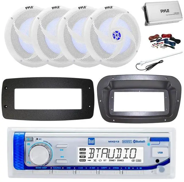 Main image of Dual MXD13 Single DIN Bluetooth Marine MP3 AM/FM Stereo Receiver, Spa bezel, Adapter Plate, 22" Radio Antenna, Wire, 4x 8'' 320 Watt Max 2-Way Boat Audio Speakers (White)