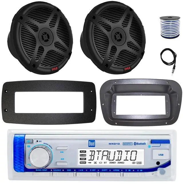 Main image of Dual MXD13 Single DIN Bluetooth Marine MP3 AM/FM Stereo Receiver, Spa bezel, Adapter Plate, 22" Radio Antenna, Wire, 2x 4" 300W Max Bluetooth Waterproof Wakeboard LED Tower Speakers (Black)