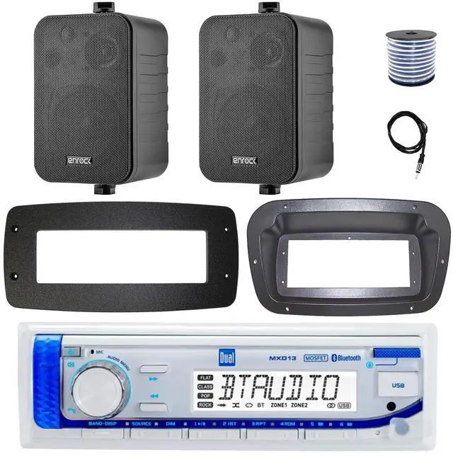 Main image of Dual MXD13 Single DIN Bluetooth Marine MP3 AM/FM Stereo Receiver, Spa bezel, Adapter Plate, 22" Radio Antenna, Wire, 2x 6.5" 180 Watt Max Power 2-Way Water Resistant Audio Speakers (Black)