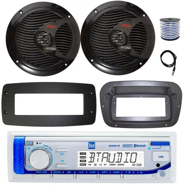 Main image of Dual MXD13 Single DIN Bluetooth Marine MP3 AM/FM Stereo Receiver, Spa bezel, Adapter Plate, 22" Radio Antenna, Wire, 2x 6.5" 150 Watt Max Full Range Dual Cone Waterproof Stereo Speakers (Silver)