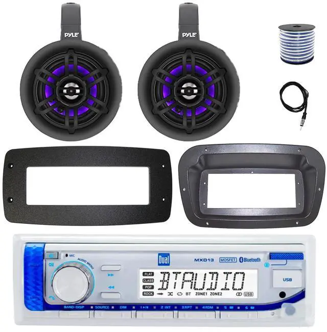 Main image of Dual MXD13 Single DIN Bluetooth Marine MP3 AM/FM Stereo Receiver, Spa bezel, Adapter Plate, 22" Radio Antenna, Wire, 2x 4" 100 Watt Max 2-Way Blue Flashing LED Boat Audio Speakers (Black)
