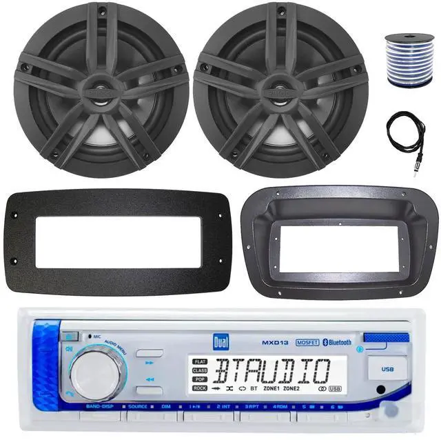 Main image of Dual MXD13 Single DIN Bluetooth Marine MP3 AM/FM Stereo Receiver, Spa bezel, Adapter Plate, 22" Radio Antenna, Wire, 2x 6.5" 120 Watt Peak Multicolor LED Boat Audio Speakers w/Chrome Grilles (Black)