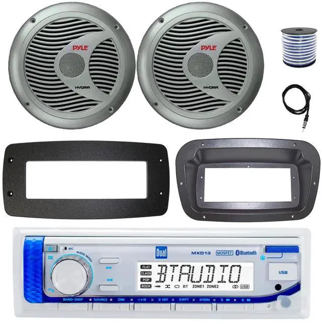 Main image of Dual MXD13 Single DIN Bluetooth Marine MP3 AM/FM Stereo Receiver, Spa bezel, Adapter Plate, 22" Radio Antenna, Wire, 2x 6.5" 120 Watt Max Full Range Dual Cone Waterproof Stereo Speakers (Black)