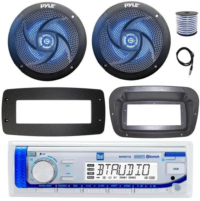 Main image of Dual MXD13 Single DIN Bluetooth Marine MP3 AM/FM Stereo Receiver, Spa bezel, Adapter Plate, 22" Radio Antenna, Wire, 2x 5.25" 180 Watt Max 2-Way Blue Flashing LED Boat Audio Speakers (Black)