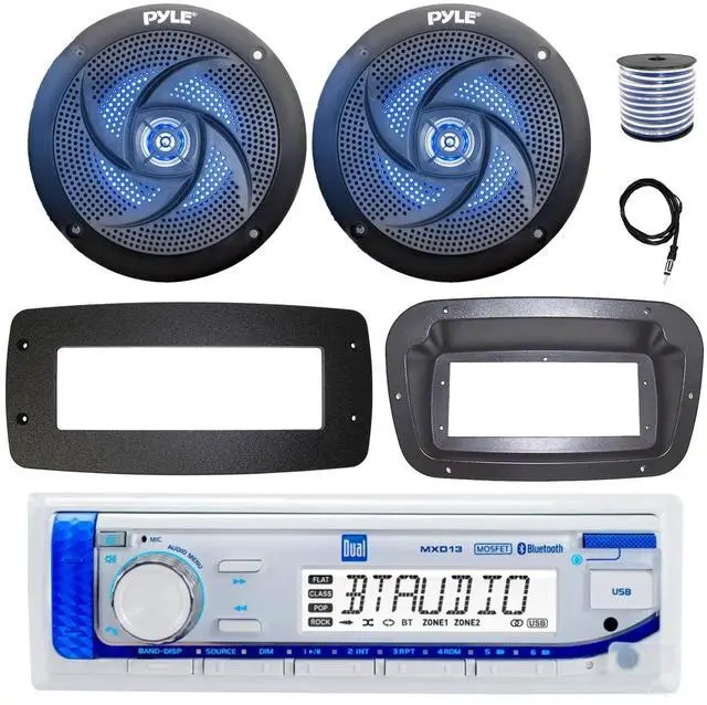 Main image of Dual MXD13 Single DIN Bluetooth Marine MP3 AM/FM Stereo Receiver, Spa bezel, Adapter Plate, 22" Radio Antenna, Wire, 2x 5.25" 180 Watt Max 2-Way Waterproof Boat Audio Speakers (Black)
