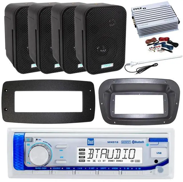 Main image of Dual MXD13 Single DIN Bluetooth Marine MP3 AM/FM Stereo Receiver, Spa bezel, Adapter Plate, 22" Radio Antenna, Wire, 4x 5.25" 400W Max Indoor/Outdoor Waterproof Audio Speakers (Black)
