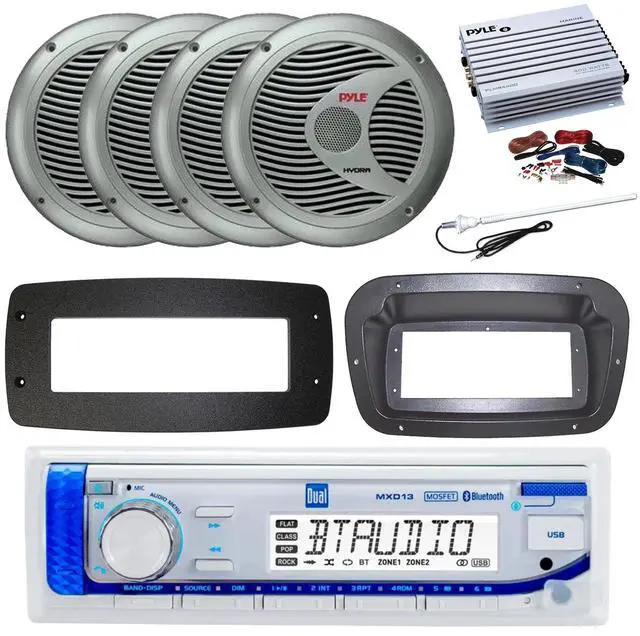 Main image of Dual MXD13 Single DIN Bluetooth Marine MP3 AM/FM Stereo Receiver, Spa bezel, Adapter Plate, 22" Radio Antenna, Wire, 4x 6.5" 120 Watt Max Full Range Dual Cone Waterproof Stereo Speakers (Black)