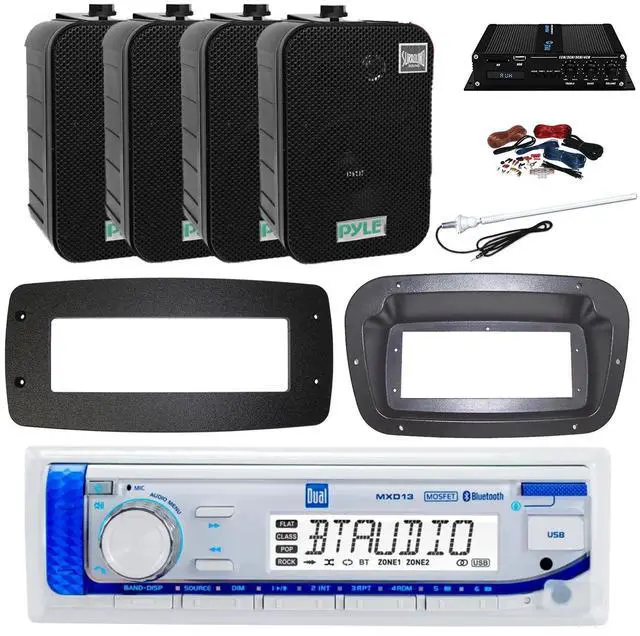Main image of Dual MXD13 Single DIN Bluetooth Marine MP3 AM/FM Stereo Receiver, Spa bezel, Adapter Plate, 22" Radio Antenna, Wire, 4x 3.5'' 200 Watt Max 3-Way Indoor/Outdoor Wall Mount Speaker (Black)