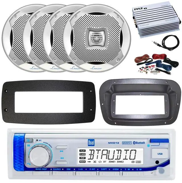 Main image of Dual MXD13 Single DIN Bluetooth Marine MP3 AM/FM Stereo Receiver, Spa bezel, Adapter Plate, 22" Radio Antenna, Wire, 4x 6.5" 450 Watt Peak 2-Way Water Resistant Boat Audio Speakers (Black)