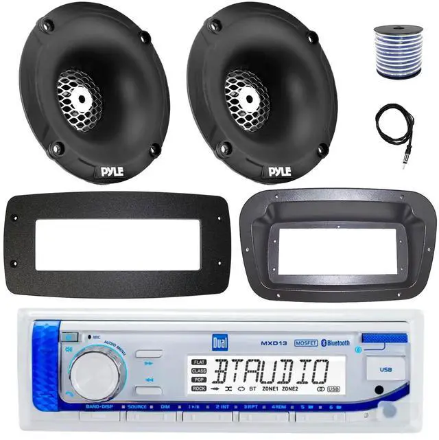 Main image of Dual MXD13 Single DIN Bluetooth Marine MP3 AM/FM Stereo Receiver, Spa bezel, Adapter Plate, 22" Radio Antenna, Wire, 2x 4" 150 Watt Max 2-Way Waterproof Off-Road Audio Speakers (Black)