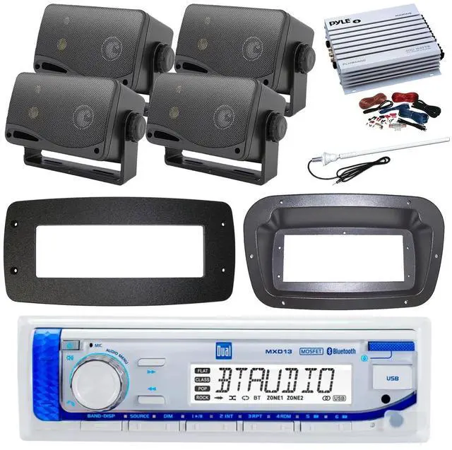 Main image of Dual MXD13 Single DIN Bluetooth Marine MP3 AM/FM Stereo Receiver, Spa bezel, Adapter Plate, 22" Radio Antenna, Wire, 4x 3.5'' 200 Watt Max 3-Way Indoor/Outdoor Wall Mount Speaker (Silver)