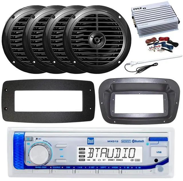 Main image of Dual MXD13 Single DIN Bluetooth Marine MP3 AM/FM Stereo Receiver, Spa bezel, Adapter Plate, 22" Radio Antenna, Wire, 4x 6.5'' 150 Watt Max Dual Cone Multicolor LED Audio Speakers (Black) w/Remote