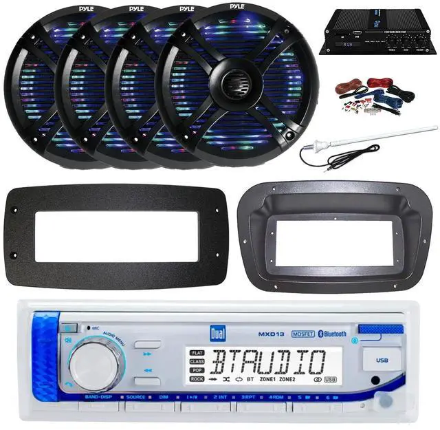Main image of Dual MXD13 Single DIN Bluetooth Marine MP3 AM/FM Stereo Receiver, Spa bezel, Adapter Plate, 22" Radio Antenna, Wire, 4x 6.5" 400W Max 2-Way Water Resistant Audio Speakers (Silver)