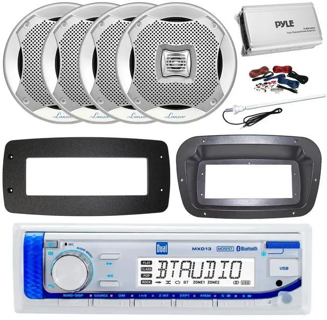 Main image of Dual MXD13 Single DIN Bluetooth Marine MP3 AM/FM Stereo Receiver, Spa bezel, Adapter Plate, 22" Radio Antenna, Wire, 4x 4" 30 Watt Peak Water-Resistant 3-Way InDoor/OutDoor Audio Speakers (Black)