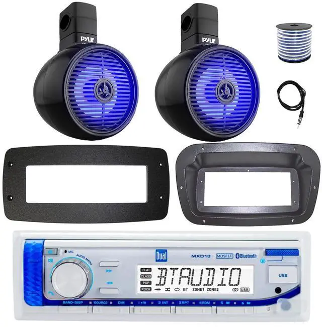 Main image of Dual MXD13 Single DIN Bluetooth Marine MP3 AM/FM Stereo Receiver, Spa bezel, Adapter Plate, 22" Radio Antenna, Wire, 2x 6.5" 250 Watt Max 2-Way Waterproof Multicolor LED Audio Speakers (Black)