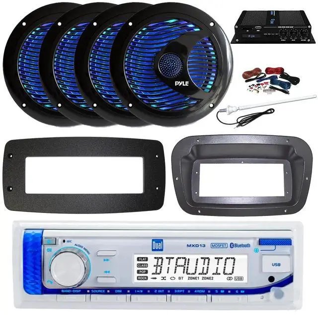 Main image of Dual MXD13 Single DIN Bluetooth Marine MP3 AM/FM Stereo Receiver, Spa bezel, Adapter Plate, 22" Radio Antenna, Wire, 4x 8'' 180 Watt Max Full Range Dual Cone Waterproof Stereo Speakers (Black)