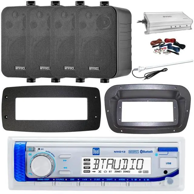 Main image of Dual MXD13 Single DIN Bluetooth Marine MP3 AM/FM Stereo Receiver, Spa bezel, Adapter Plate, 22" Radio Antenna, Wire, 4x 6.5" 180 Watt Max Power 2-Way Water Resistant Audio Speakers (Black)
