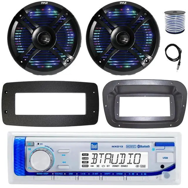 Main image of Dual MXD13 Single DIN Bluetooth Marine MP3 AM/FM Stereo Receiver, Spa bezel, Adapter Plate, 22" Radio Antenna, Wire, 2x 5.25" 20 Watt Max Polycone Audio Speakers (Black, Bulk Packaging)