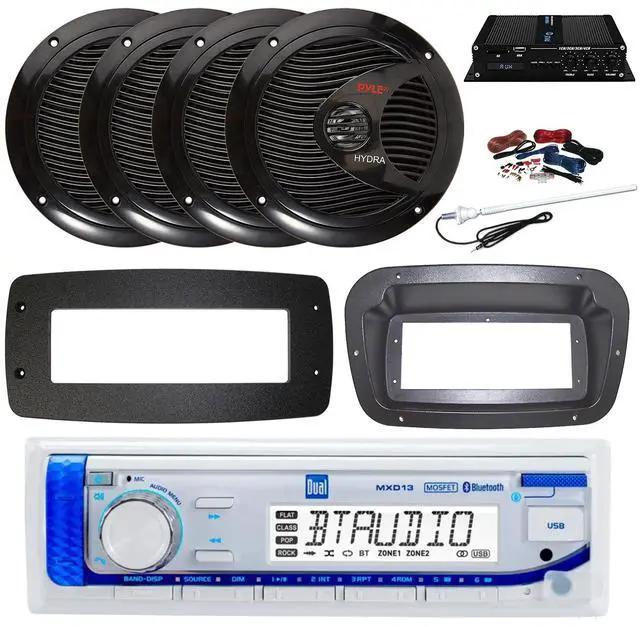 Main image of Dual MXD13 Single DIN Bluetooth Marine MP3 AM/FM Stereo Receiver, Spa bezel, Adapter Plate, Radio Antenna, Wire, 4x 6.5" 600 Watt Max 2-Way Full Range Waterproof Wireless RF Streaming Speakers (Black)