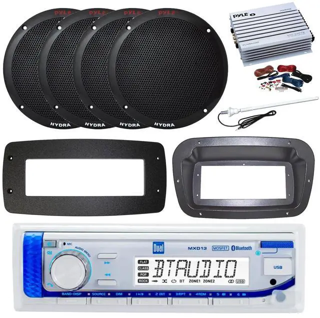 Main image of Dual MXD13 Single DIN Bluetooth Marine MP3 AM/FM Stereo Receiver, Spa bezel, Adapter Plate, 22" Radio Antenna, Wire, 4x 6.5" 150 Watt Max Full Range Dual Cone Waterproof Stereo Speakers (Black)
