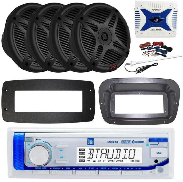 Main image of Dual MXD13 Single DIN Bluetooth Marine MP3 AM/FM Stereo Receiver, Spa bezel, Adapter Plate, 22" Radio Antenna, Wire, 4x 4" 300W Max Bluetooth Waterproof Wakeboard LED Tower Speakers (Black)