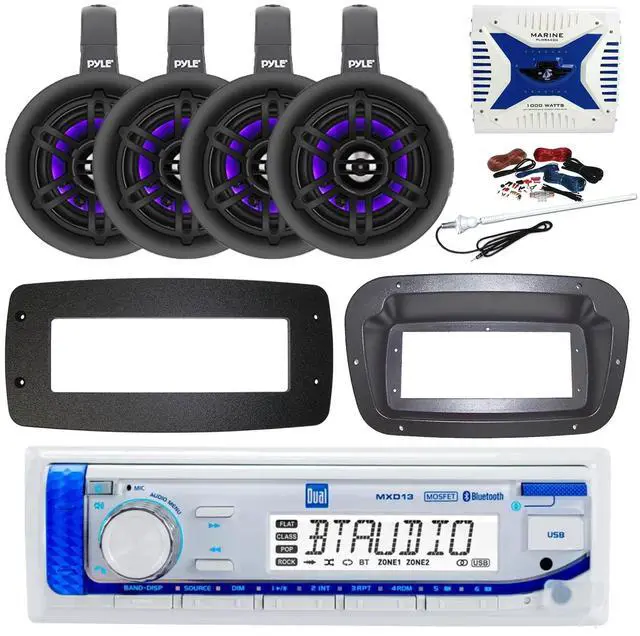 Main image of Dual MXD13 Single DIN Bluetooth Marine MP3 AM/FM Stereo Receiver, Spa bezel, Adapter Plate, 22" Radio Antenna, Wire, 4x 4" 100 Watt Max 2-Way Blue Flashing LED Boat Audio Speakers (Black)