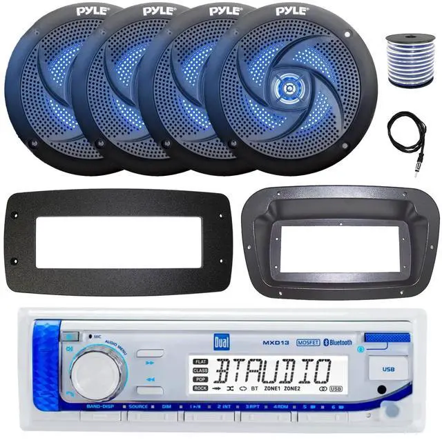 Main image of Dual MXD13 Single DIN Bluetooth Marine MP3 AM/FM Stereo Receiver, Spa bezel, Adapter Plate, 22" Radio Antenna, Wire, 4x 4" 100 Watt Peak 2-Way Blue Flashing LED Boat Audio Speakers (Black)