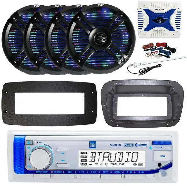 Main image of Dual MXD13 Single DIN Bluetooth Marine MP3 AM/FM Stereo Receiver, Spa bezel, Adapter Plate, 22" Radio Antenna, Wire, 4x 5.25" 20 Watt Max Polycone Audio Speakers (Black, Bulk Packaging)