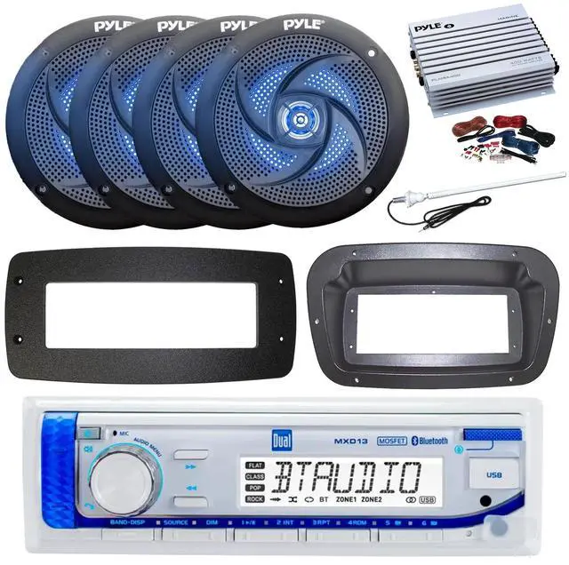 Main image of Dual MXD13 Single DIN Bluetooth Marine MP3 AM/FM Stereo Receiver, Spa bezel, Adapter Plate, 22" Radio Antenna, Wire, 4x 5.25" 180 Watt Max 2-Way Blue Flashing LED Boat Audio Speakers (Black)