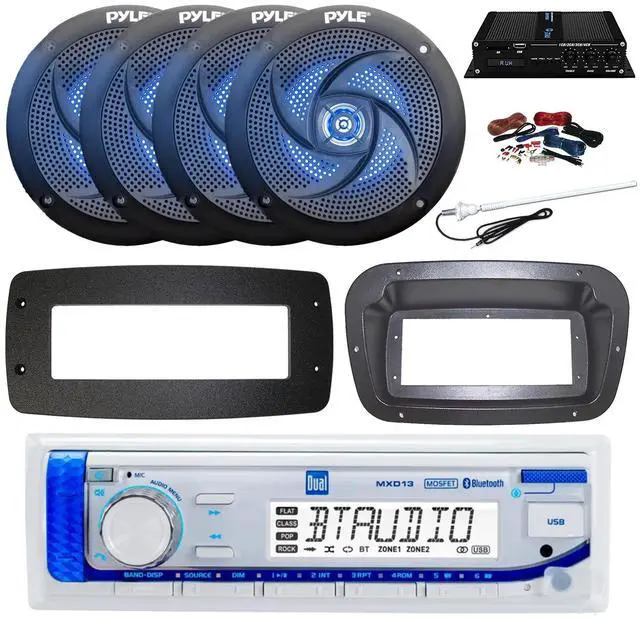 Main image of Dual MXD13 Single DIN Bluetooth Marine MP3 AM/FM Stereo Receiver, Spa bezel, Adapter Plate, 22" Radio Antenna, Wire, 4x 6'' 240 Watt Max 2-Way Boat Audio Speakers (Black)