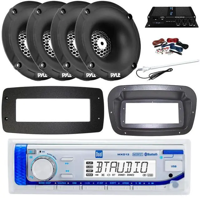 Main image of Dual MXD13 Single DIN Bluetooth Marine MP3 AM/FM Stereo Receiver, Spa bezel, Adapter Plate, 22" Radio Antenna, Wire, 4x 6.5" 250 Watt Max 2-Way Waterproof Multicolor LED Audio Speakers (Black)