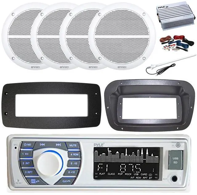Main image of Pyle PLRMR23BTW Single DIN Bluetooth Marine MP3 Stereo Receiver, Spa bezel, Adapter Plate, 22" Radio Antenna, Wire, 4x 6.5" 180 Watt Peak 2-Way Blue Flashing LED Boat Audio Speakers (White)