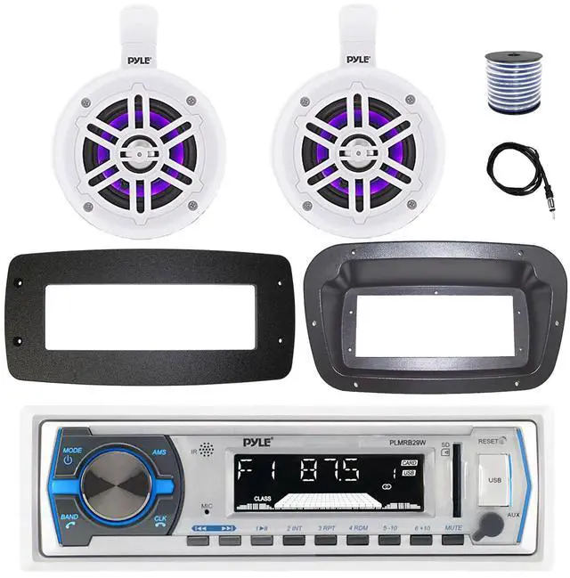 Main image of Pyle PLMRB29W Single DIN Bluetooth Marine MP3 Stereo Receiver, Spa bezel, Adapter Plate, 22" Radio Antenna, Wire, 2x 4" 100 Watt Max 2-Way Blue Flashing LED Boat Audio Speakers (White)