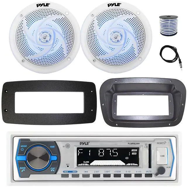 Main image of Pyle PLMRB29W Single DIN Bluetooth Marine MP3 Stereo Receiver, Spa bezel, Adapter Plate, 22" Radio Antenna, Wire, 2x 6'' 240 Watt Max 2-Way Boat Audio Speakers (White)