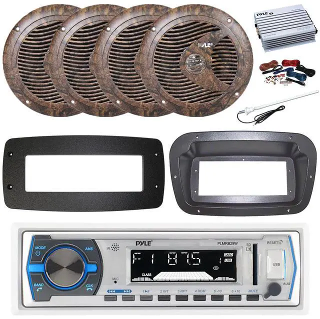 Main image of Pyle PLMRB29W Single DIN Bluetooth Marine MP3 Stereo Receiver, Spa bezel, Adapter Plate, 22" Radio Antenna, Wire, 4x 6.5" 150 Watt Max Full Range Dual Cone Waterproof Stereo Speakers (White)