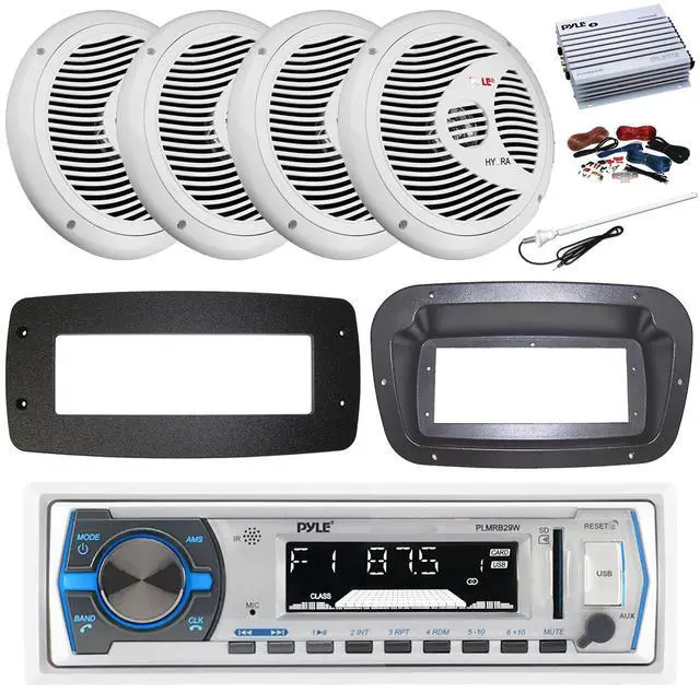 Main image of Pyle PLMRB29W Single DIN Bluetooth Marine MP3 Stereo Receiver, Spa bezel, Adapter Plate, 22" Radio Antenna, Wire, 4x 6.5" 120 Watt Peak Full Range Dual Cone Waterproof Stereo Speakers (White)