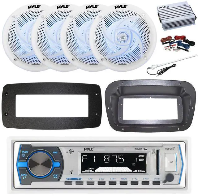 Main image of Pyle PLMRB29W Single DIN Bluetooth Marine MP3 Stereo Receiver, Spa bezel, Adapter Plate, 22" Radio Antenna, Wire, 4x 5.25" 180 Watt Max 2-Way Blue Flashing LED Boat Audio Speakers (White)