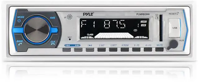 Alt view image 2 of 7 - Pyle PLMRB29W Single DIN Bluetooth Marine MP3 Stereo Receiver, Spa bezel, Adapter Plate, 22" Radio Antenna, Wire, 4x 5.25" 180 Watt Max 2-Way Blue Flashing LED Boat Audio Speakers (White)