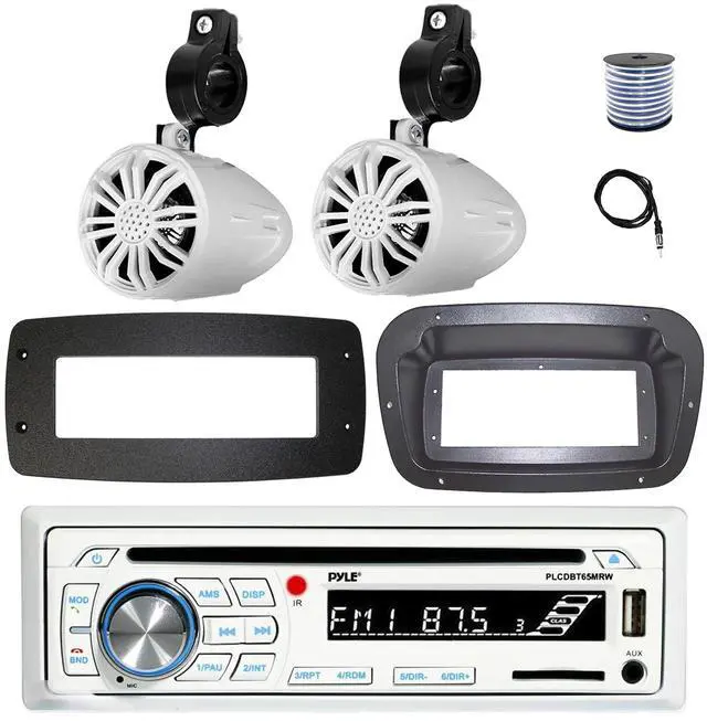Main image of Pyle PLCDBT65 Single DIN Bluetooth Marine CD Stereo Receiver, Spa bezel, Adapter Plate, 22" Radio Antenna, Wire, 2x 3.5'' 200 Watt Max 3-Way Indoor/Outdoor Wall Mount Speaker (White)