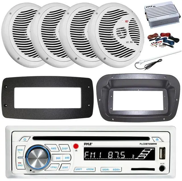 Main image of Pyle PLCDBT65 Single DIN Bluetooth Marine CD Stereo Receiver, Spa bezel, Adapter Plate, 22" Radio Antenna, Wire, 4x 6.5" 120 Watt Peak Full Range Dual Cone Waterproof Stereo Speakers (White)
