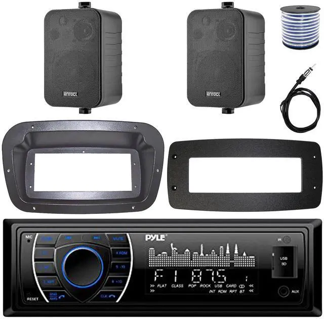 Main image of Pyle PLRMR27BTB Single-DIN Marine Bluetooth USB/AUX MP3 AM/FM Radio Stereo Receiver W/Install Kit + Adapter Plate, 2x 4" 30W Max Power 3-Way Indoor/Outdoor Black Speakers W/50 Feet Wire, Radio Antenna
