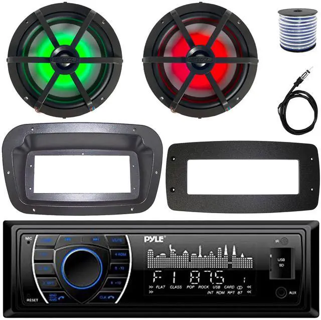Main image of Pyle PLRMR27BTB Single-DIN Marine Bluetooth USB/AUX MP3 AM/FM Radio Stereo Receiver W/Install Kit + Adapter Plate, 2x 6.5" 120W Max Power RGB LED Coaxial Boat Speakers W/50 Feet Wire, Radio Antenna