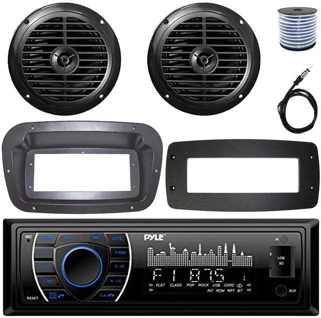 Main image of Pyle PLRMR27BTB Single-DIN Marine Bluetooth USB/AUX MP3 AM/FM Radio Stereo Receiver W/Install Kit + Adapter Plate, 2x 6.5'' 120W Max Power Dual Cone Waterproof Black Speakers W/50 Feet Wire, Antenna