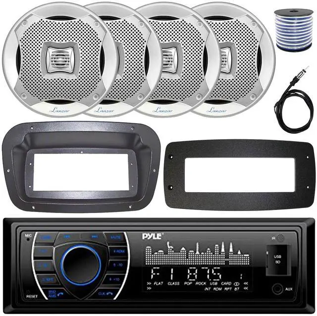 Main image of Pyle PLRMR27BTB Single-DIN Marine Bluetooth USB/AUX MP3 AM/FM Radio Stereo Receiver W/Install Kit + Adapter Plate, 4x 6.5" 400W Max Power 2-Way Water-Resistant Speakers W/50 Feet Wire, Radio Antenna