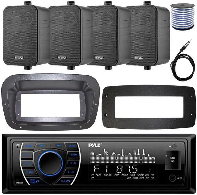 Main image of Pyle PLRMR27BTB Single-DIN Marine Bluetooth USB/AUX MP3 AM/FM Radio Stereo Receiver W/Install Kit + Adapter Plate, 4x 4" 30W Max Power 3-Way Indoor/Outdoor Black Speakers W/50 Feet Wire, Radio Antenna